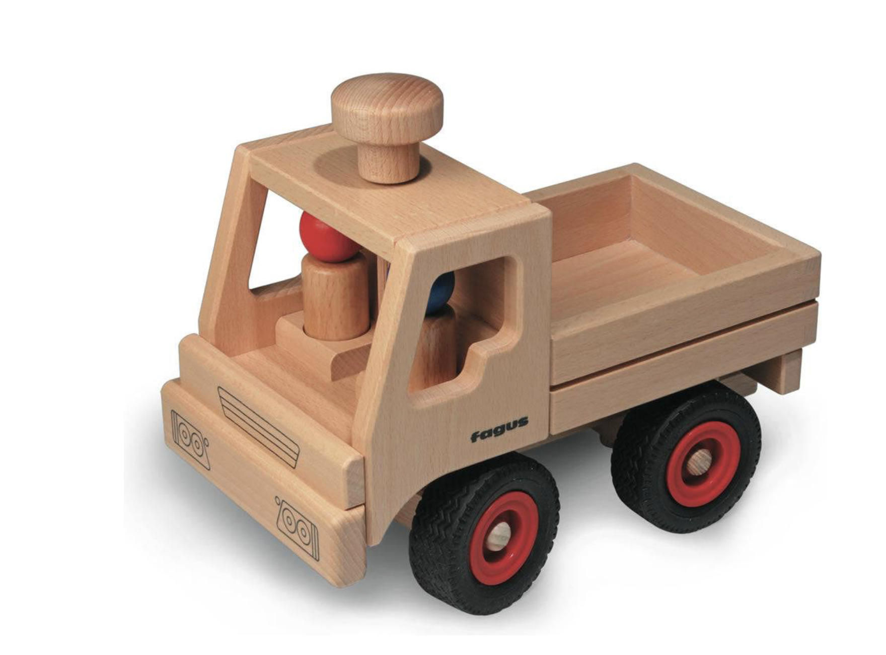 Wooden toy truck with red and blue figures, black wheels, and a flatbed.