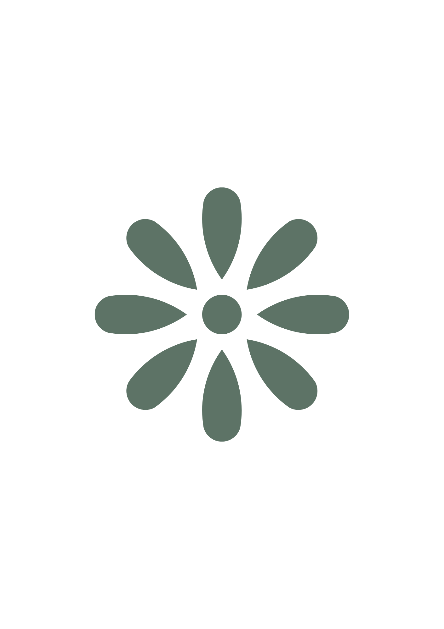Minimalist digital illustration of a flower with 8 dark green petals around a central round shape on a white background.
