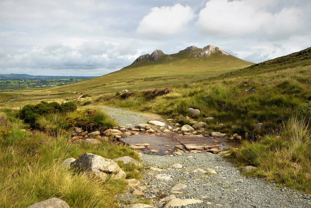 A scenic landscape of rolling green hills with a rocky dirt trail leading toward distant hills and mountains under a partly cloudy sky.