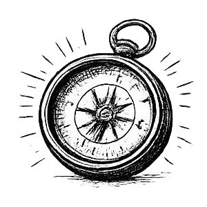Black and white drawing of a pocket watch with a detailed face and rays around it.
