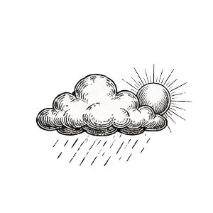 A line drawing of a weather scene with a cloud, rain, and the sun.