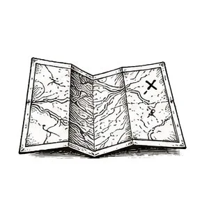 Black and white illustration of a folded map with topographic details and marked Xs.