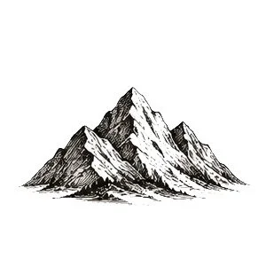 Black and white illustration of a mountain range with sharp peaks.