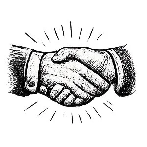Drawing of two hands shaking with radiating lines indicating agreement or partnership.
