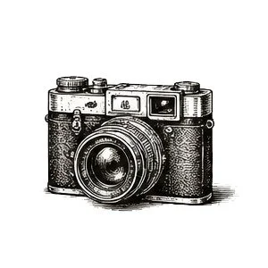 Black and white illustration of a vintage camera with a prominent lens.