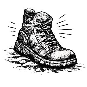 A black and white drawing of a worn hiking boot standing on uneven ground.