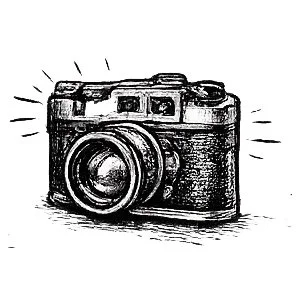 Black and white sketch of a vintage camera