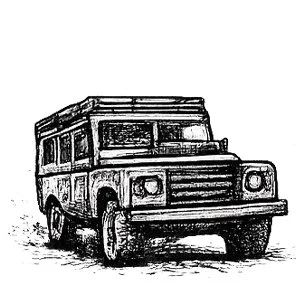 A black and white sketch of an old, rugged off-road vehicle or SUV.