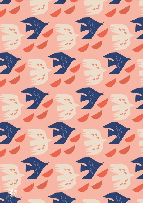 pattern pink and blue abstract birds, Sabeth Elberse Studio
