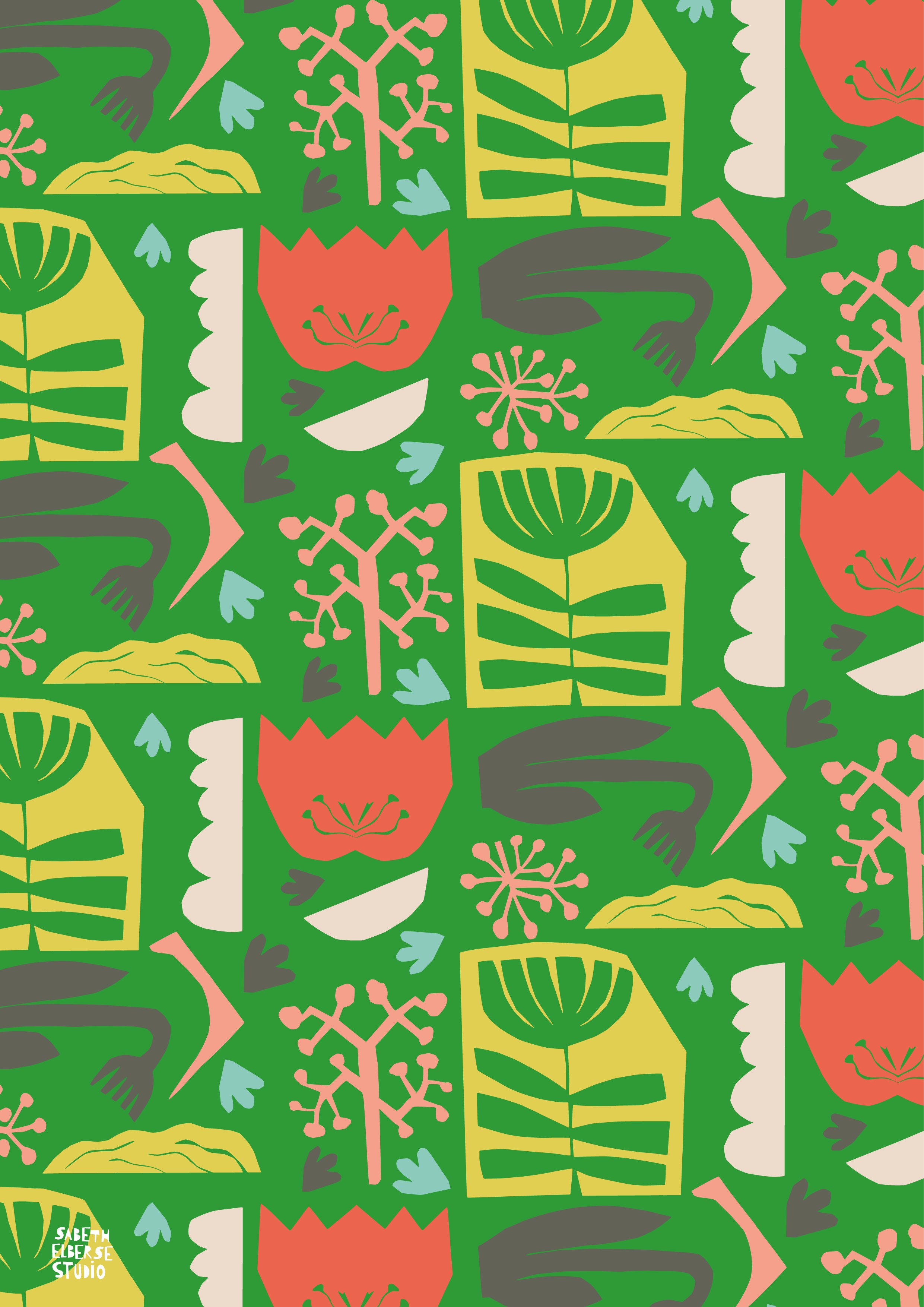Papercut flowers and cut outs on green. Sabeth Elberse studio