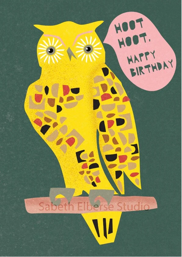 birthday card, Sabeth Elberse studio, yellow owl