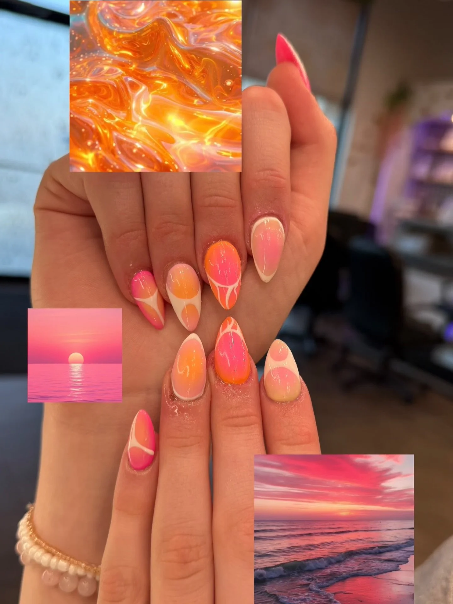 Soft sunset vibes with a playful twist 🌅✨

A dreamy blend of peach, coral, and hot pink melts into a smooth ombr&eacute;, topped with delicate white abstract swirls for that modern, artsy touch. Almond shape keeps it elegant, while the glossy finish