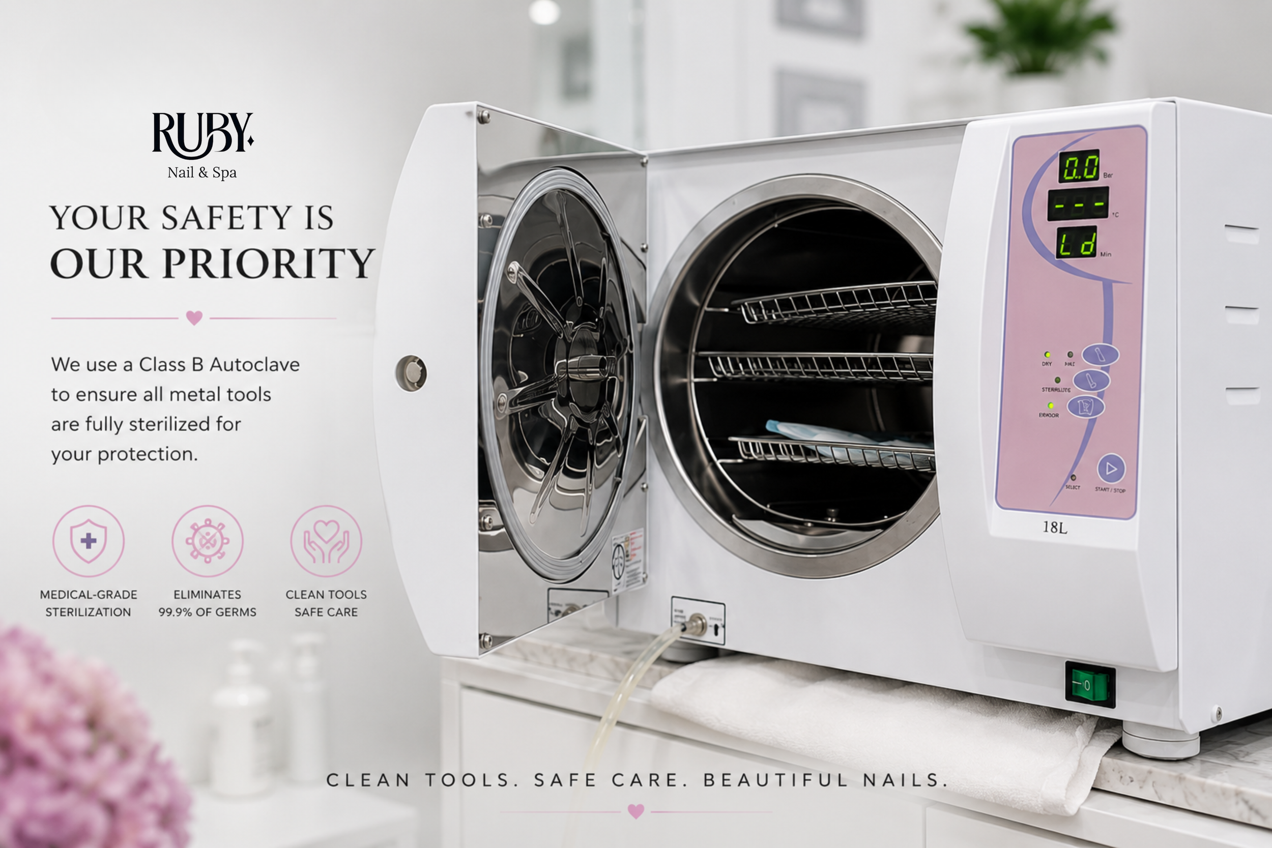 Class B autoclave sterilization equipment at Ruby Nail Bar in Winnipeg, ensuring professional hygiene and client safety.