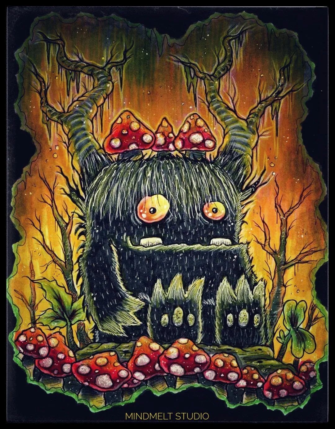 Illustration of a whimsical creature with shaggy fur and horns, surrounded by mushrooms and twisted trees, in a mystical forest setting.