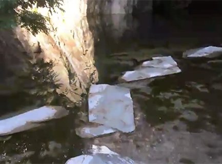 Stepping stones and water distorted in the zoom image by the bad signal as I enter the cave.