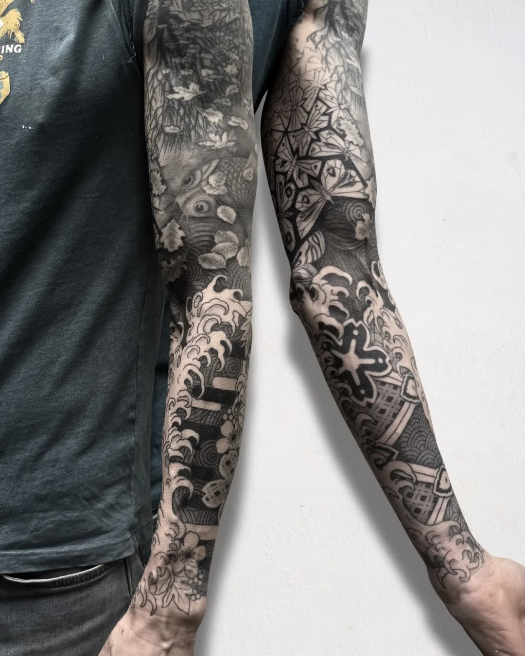 Fully healed sleeve✨ Robert came to me wanting to continue a koi fish piece he had done on his upper bicep 10 years ago by another artist. The piece he had was inspired by an Esher artwork, so he gave me free reign to make it into a full sleeve and I