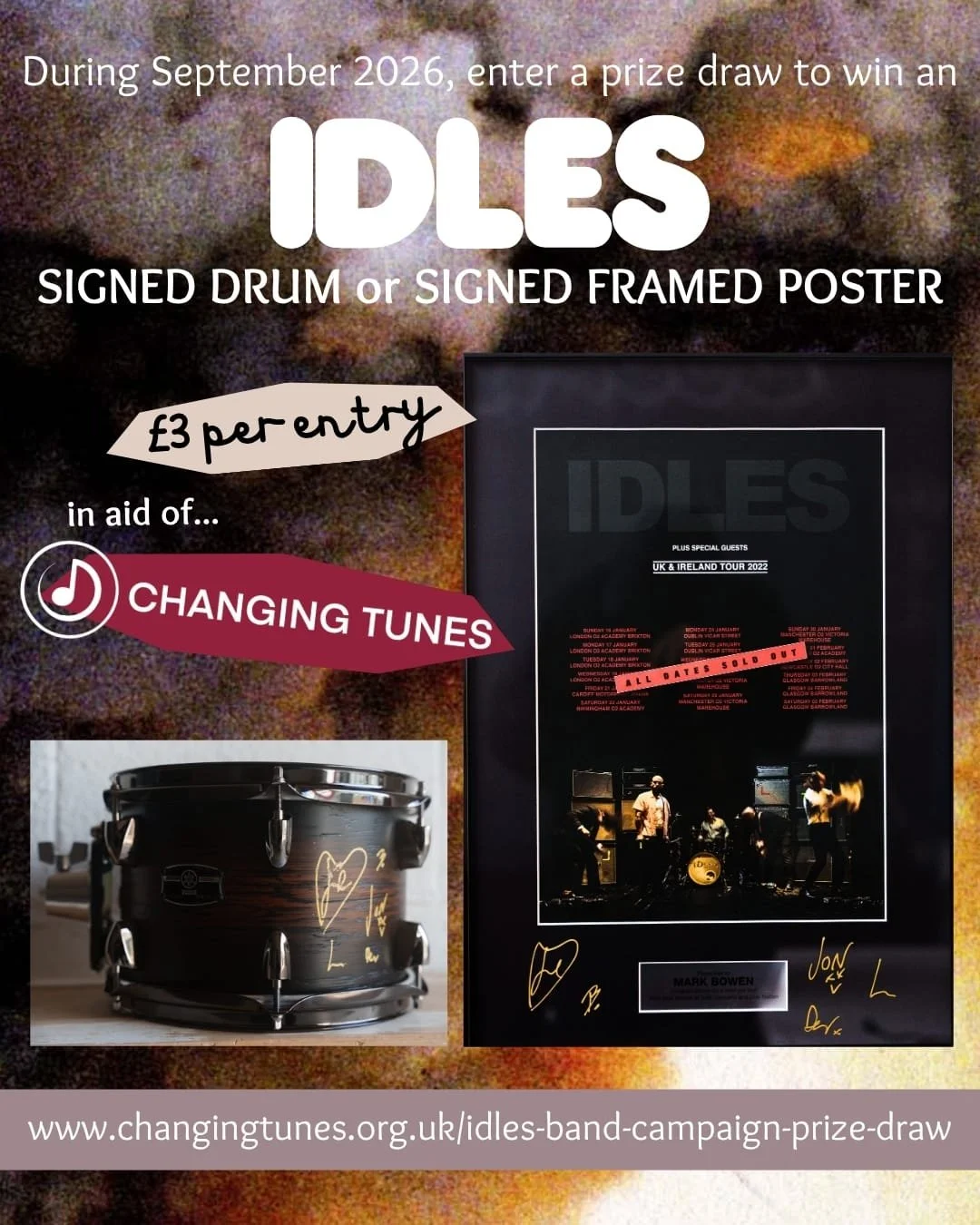 IDLES Prize Draw poster, shows  a Signed TOM drum and signed, framed poster