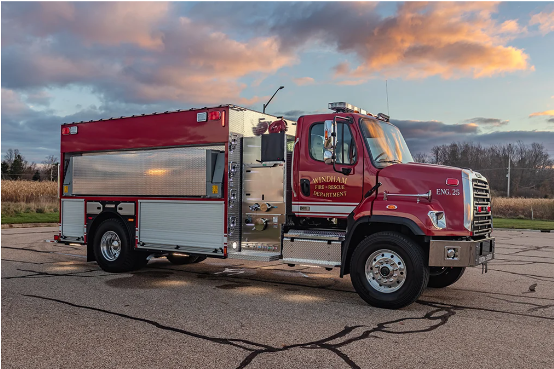Windham (ME) Fire Department pumper-tanker. Freightliner 108SD cab and chassis; Cummins L9 400-hp engine; Hale Qmax-XS 1,500-gpm pump; APR polypropylene 2,000-gallon water tank; Alco-Lite ground ladders. Dealer: Autotronics, Frenchville, ME.
