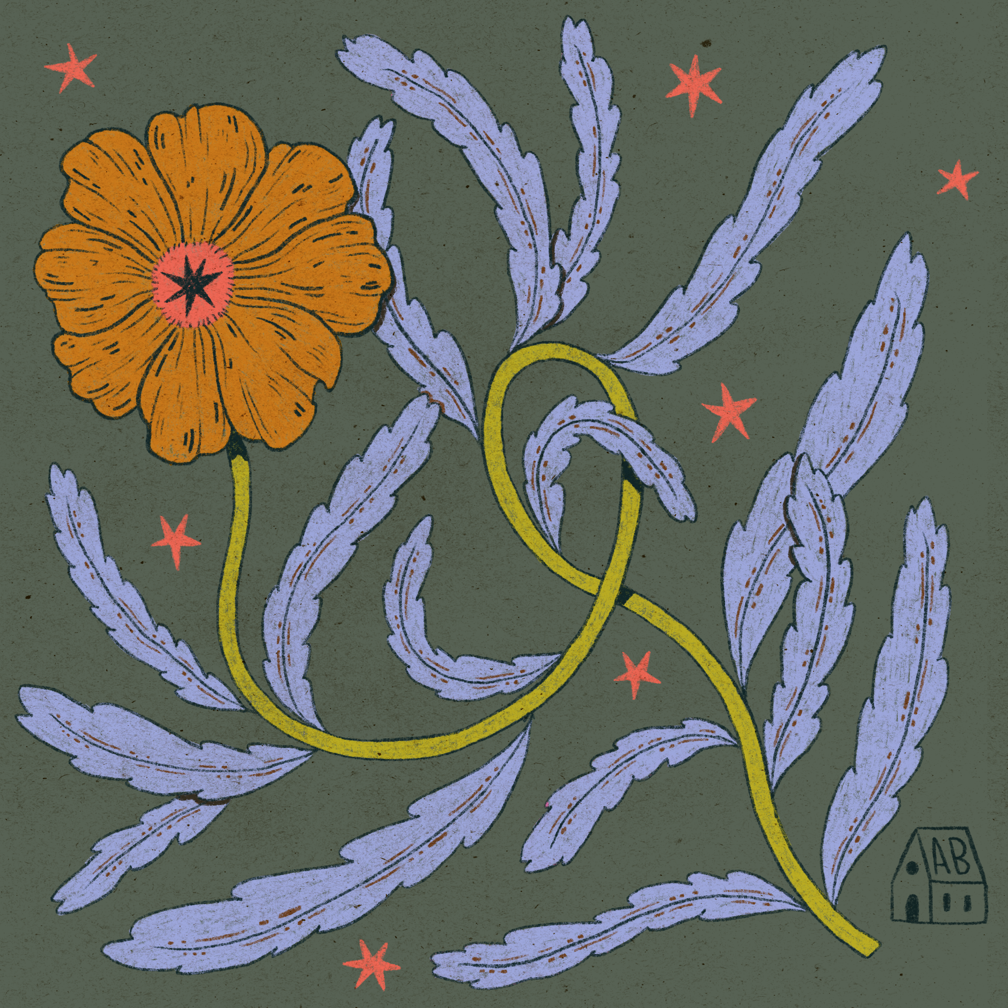 A colorful drawing of a large orange poppy flower with purple leaves and small red stars on a green background