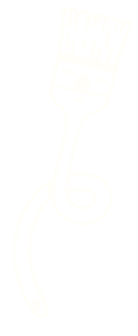 A cartoon-like drawing of a paintbrush with a face, smiling and featuring sunglasses, with a curled tail at the handle.
