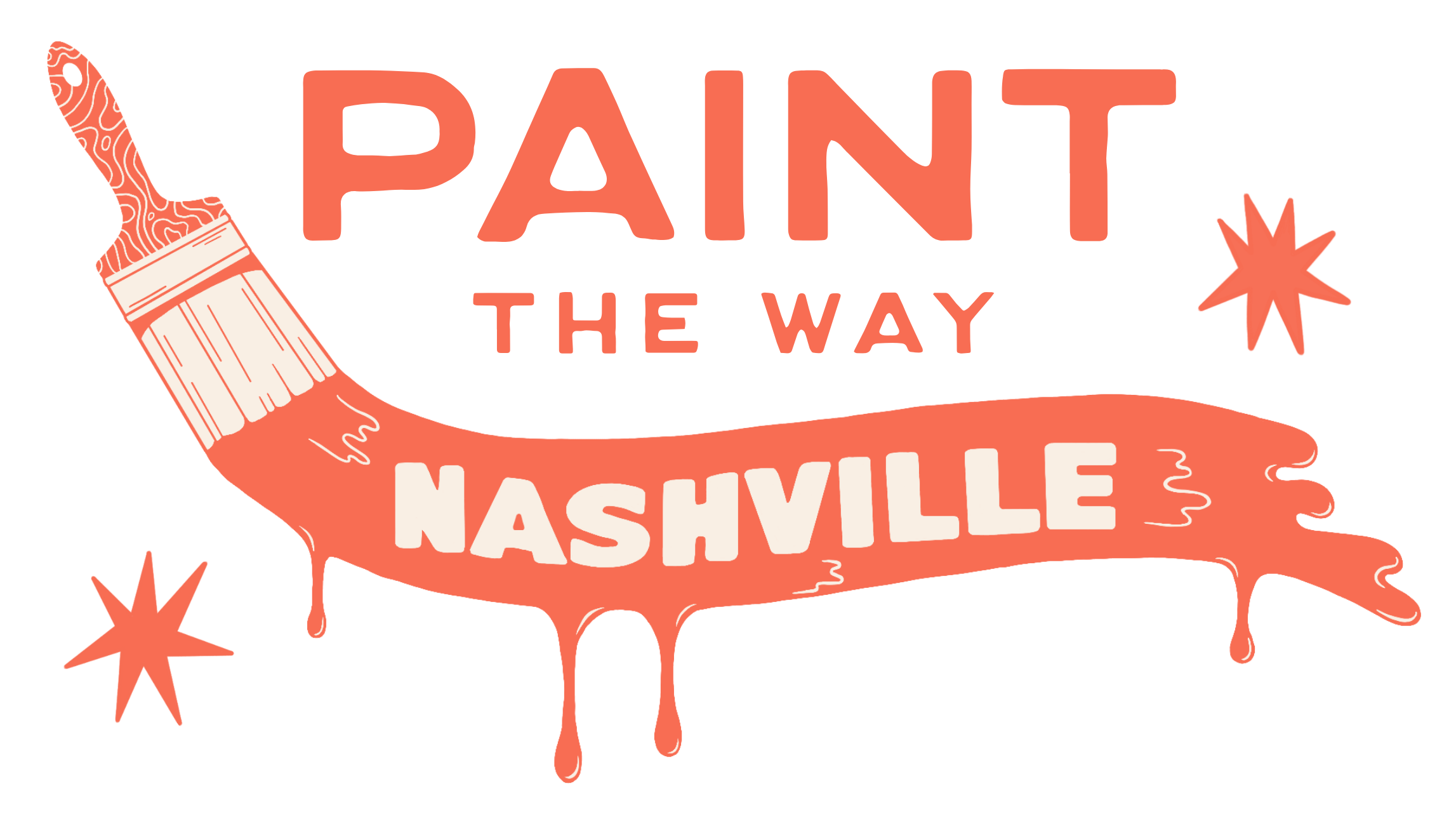Graphic design with a paintbrush drawing a red line, the text 'Paint the Way Nashville' in bold red and white letters, and elements like stars and drips, all in a splashy, artistic style.