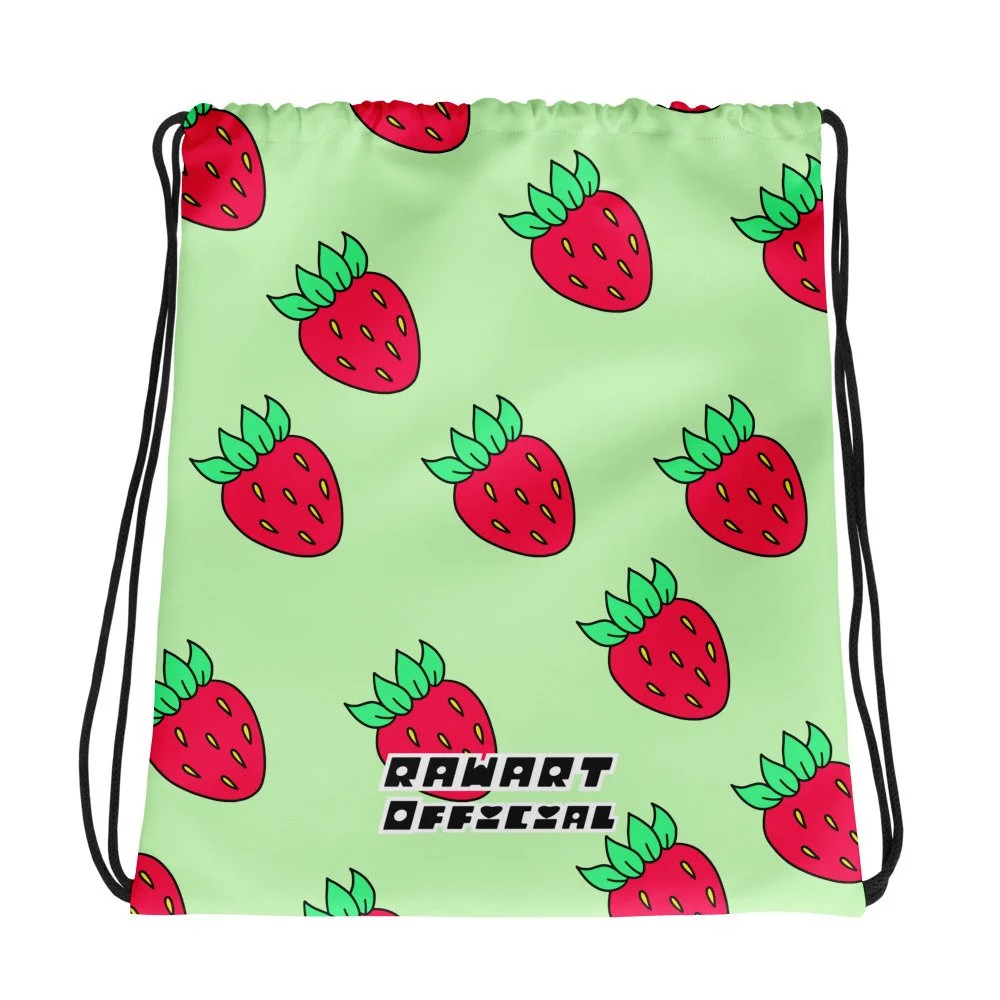 🍓💚 “Fresh Berry Pop” Drawstring Bag │ Mint-Green Y2K Strawberry Gym Sack 💚🍓 - POP ARTIST @RAWARTOFFICIAL