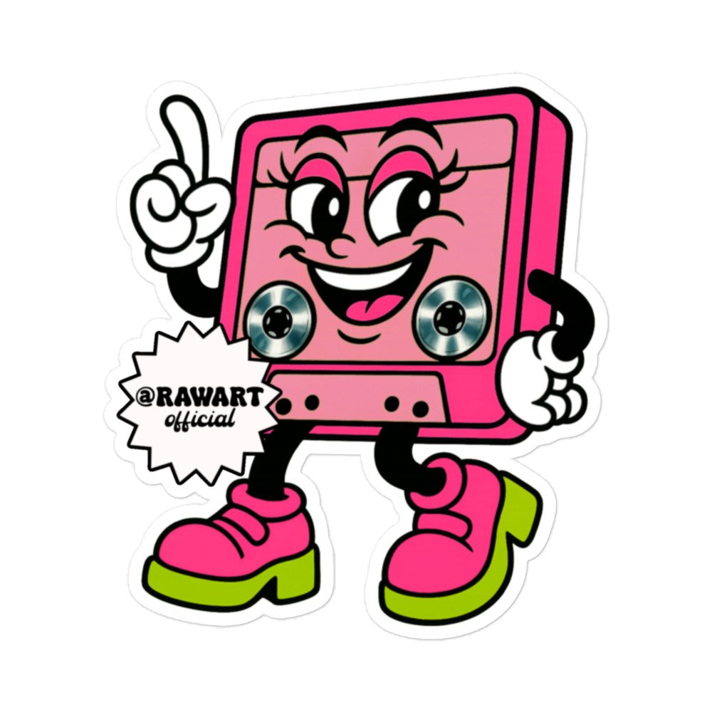Cute retro pink mixtape character bubble-free vinyl sticker with smiling face, chunky platform shoes, and @rawartofficial logo. Perfect Y2K aesthetic decal for laptops, water bottles, and journals.