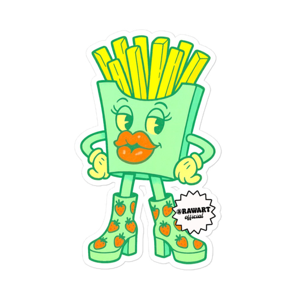 Retro cartoon french fries character sticker in mint green with big pouty orange lips and strawberry print platform boots. Trendy Y2K vinyl decal for laptop, water bottle, and journal decoration.