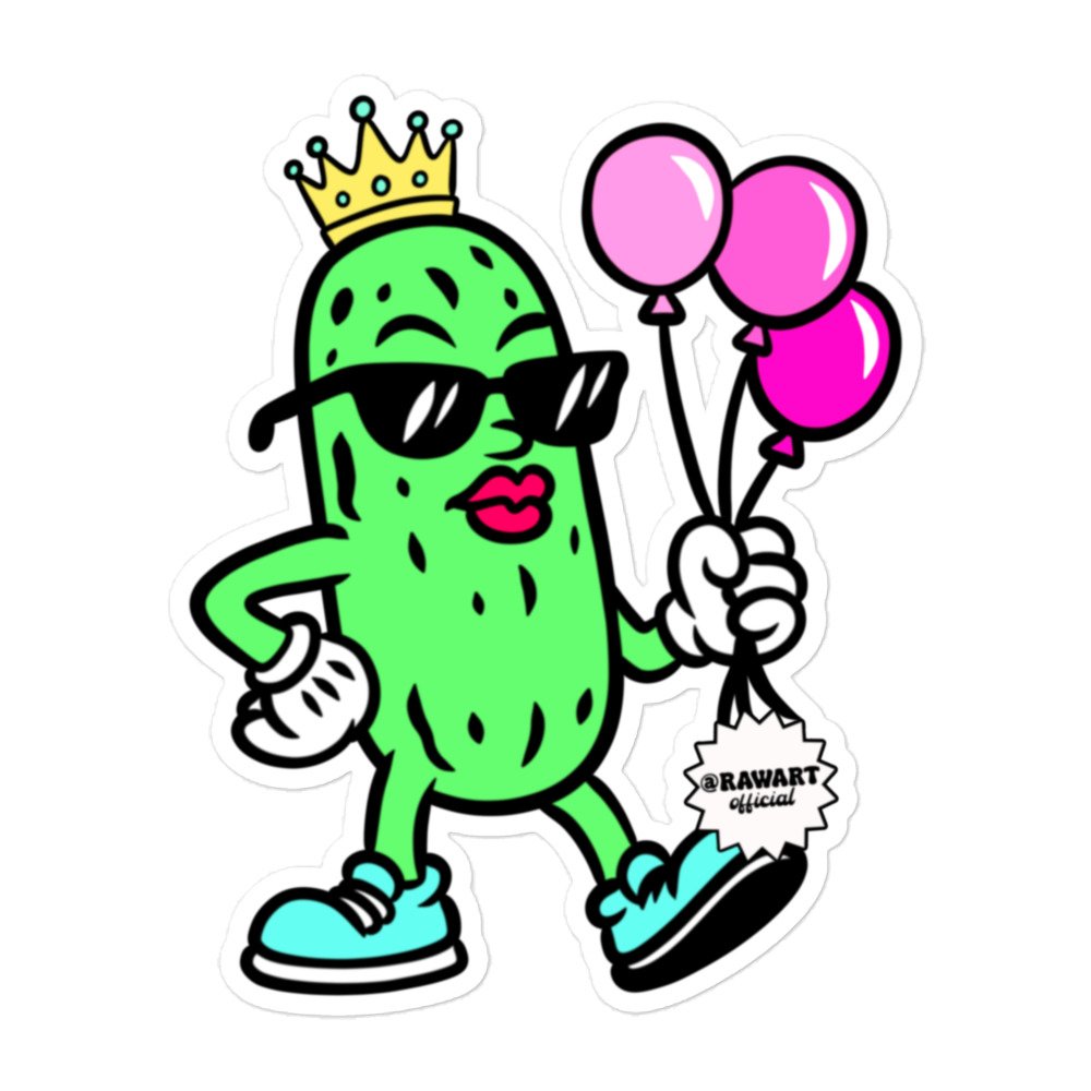 Retro cartoon pickle character wearing a crown, black sunglasses, pink lipstick, and teal sneakers, holding pink balloons. Fun Y2K bubble-free vinyl sticker for laptop, tumbler, or journal decoration.