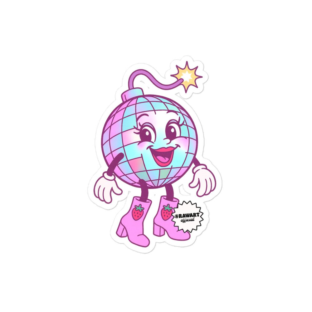 Retro cartoon disco ball bomb character in pastel pink and blue with big eyes, pink lips, strawberry-print pink boots, and a lit fuse. Cute Y2K holographic bubble-free vinyl sticker.
