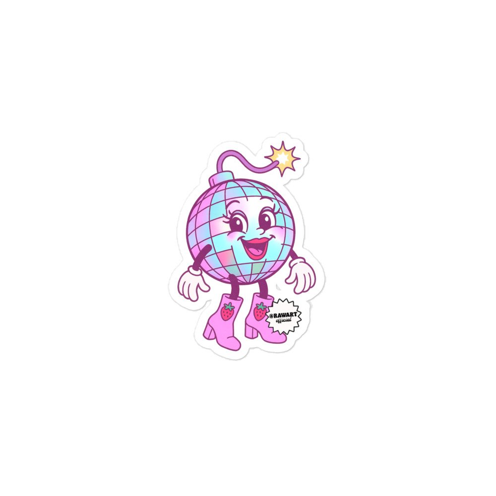 Retro cartoon disco ball bomb character in pastel pink and blue with big eyes, pink lips, strawberry-print pink boots, and a lit fuse. Cute Y2K holographic bubble-free vinyl sticker.