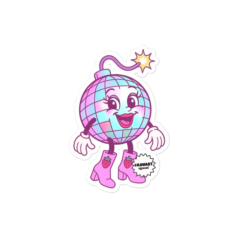 Retro cartoon disco ball bomb character in pastel pink and blue with big eyes, pink lips, strawberry-print pink boots, and a lit fuse. Cute Y2K holographic bubble-free vinyl sticker.