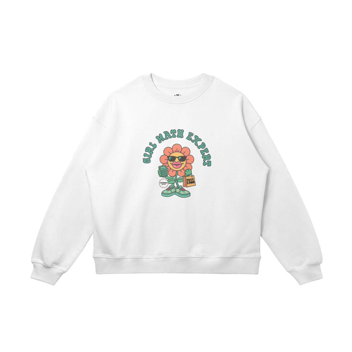 Girl Math Expert sweatshirt with retro flower cartoon holding calculator and bag, Y2K style on white oversized crewneck