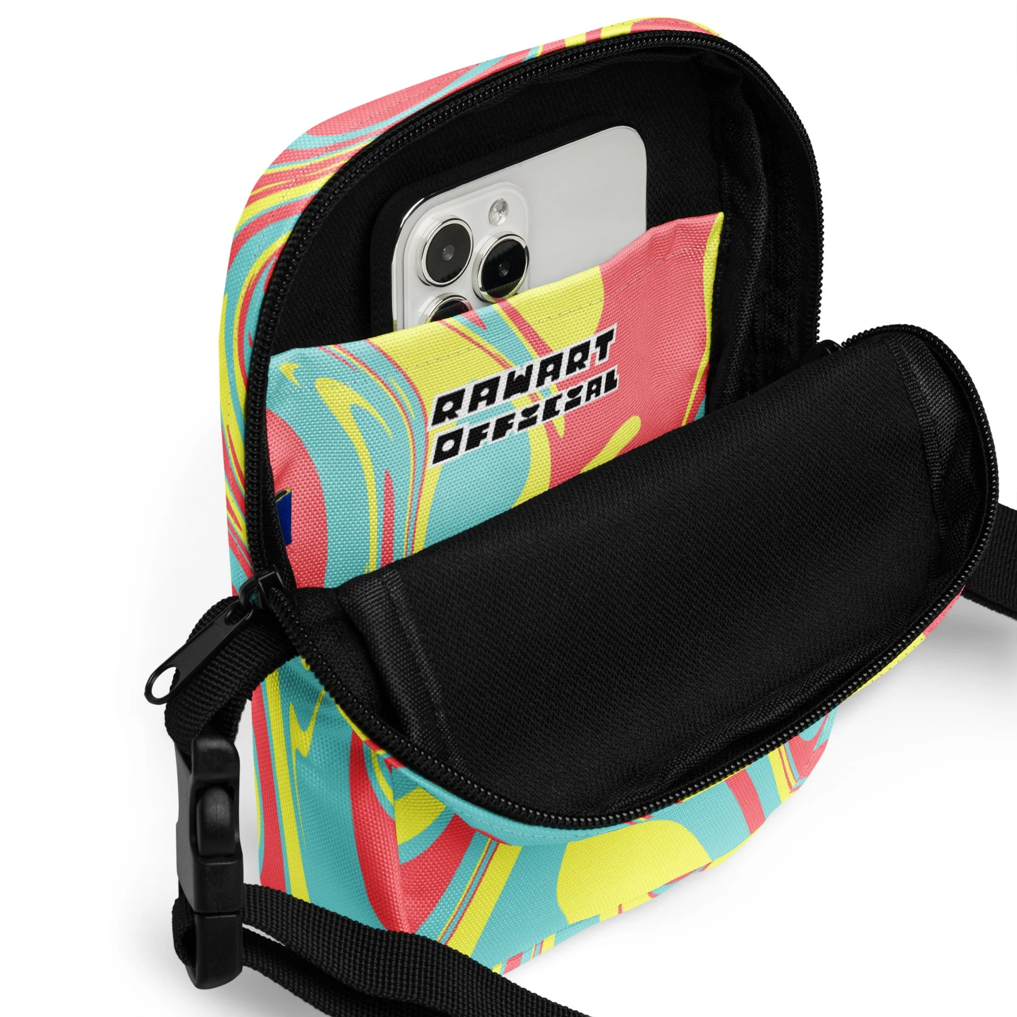 🌈🌀 Psychedelic Swirl Utility Crossbody Bag | Y2K Neon Marble Festival Satchel 🔥✨ - POP ARTIST @RAWARTOFFICIAL