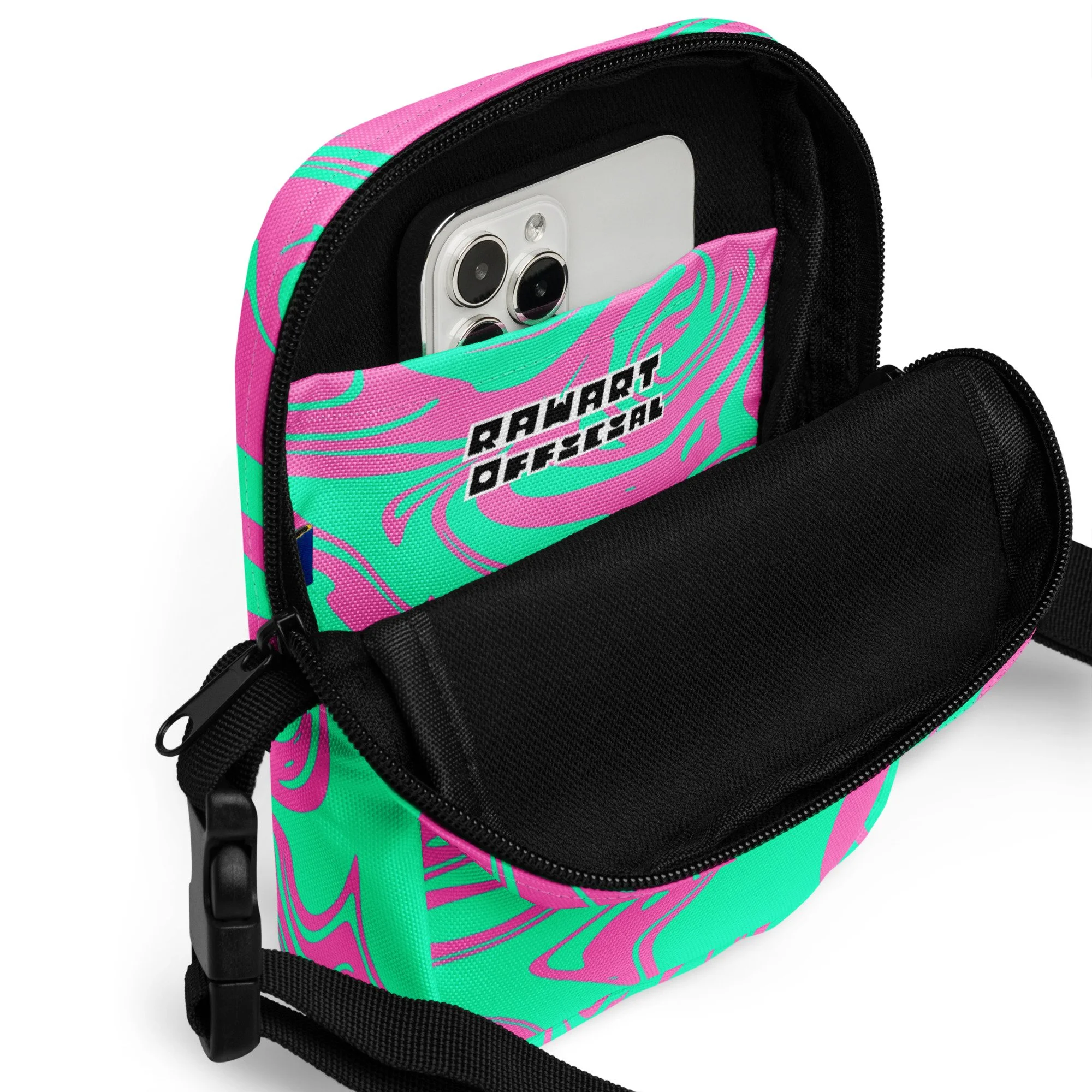 💚💗 Mint Bubblegum Swirl Utility Crossbody Bag | Y2K Festival Pouch for Baddies on the Go - POP ARTIST @RAWARTOFFICIAL