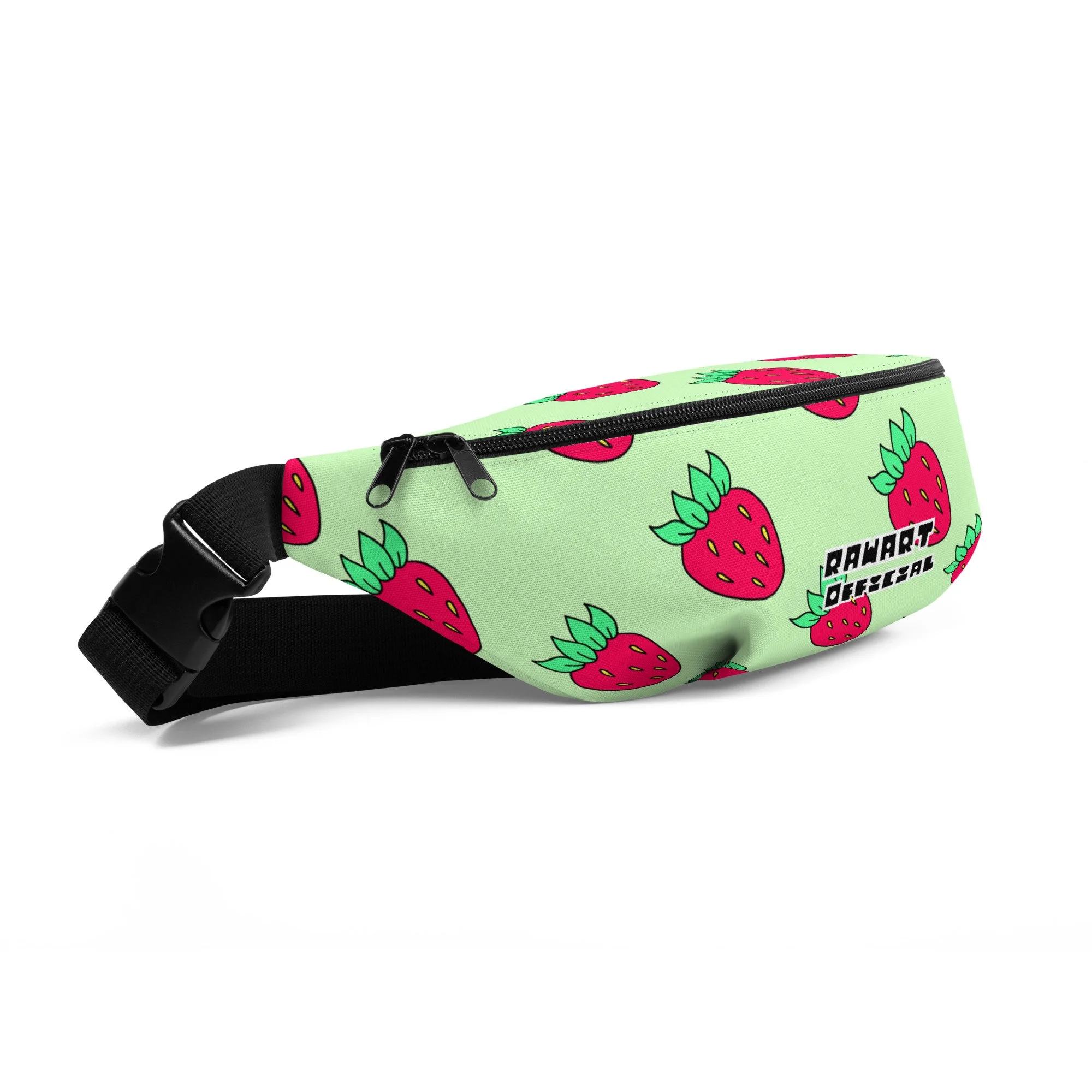 Mint-green Strawberry Y2K Fanny Pack – Water-Resistant Festival Waist Bag, Kawaii Streetwear by RAW ART Official - POP ARTIST @RAWARTOFFICIAL