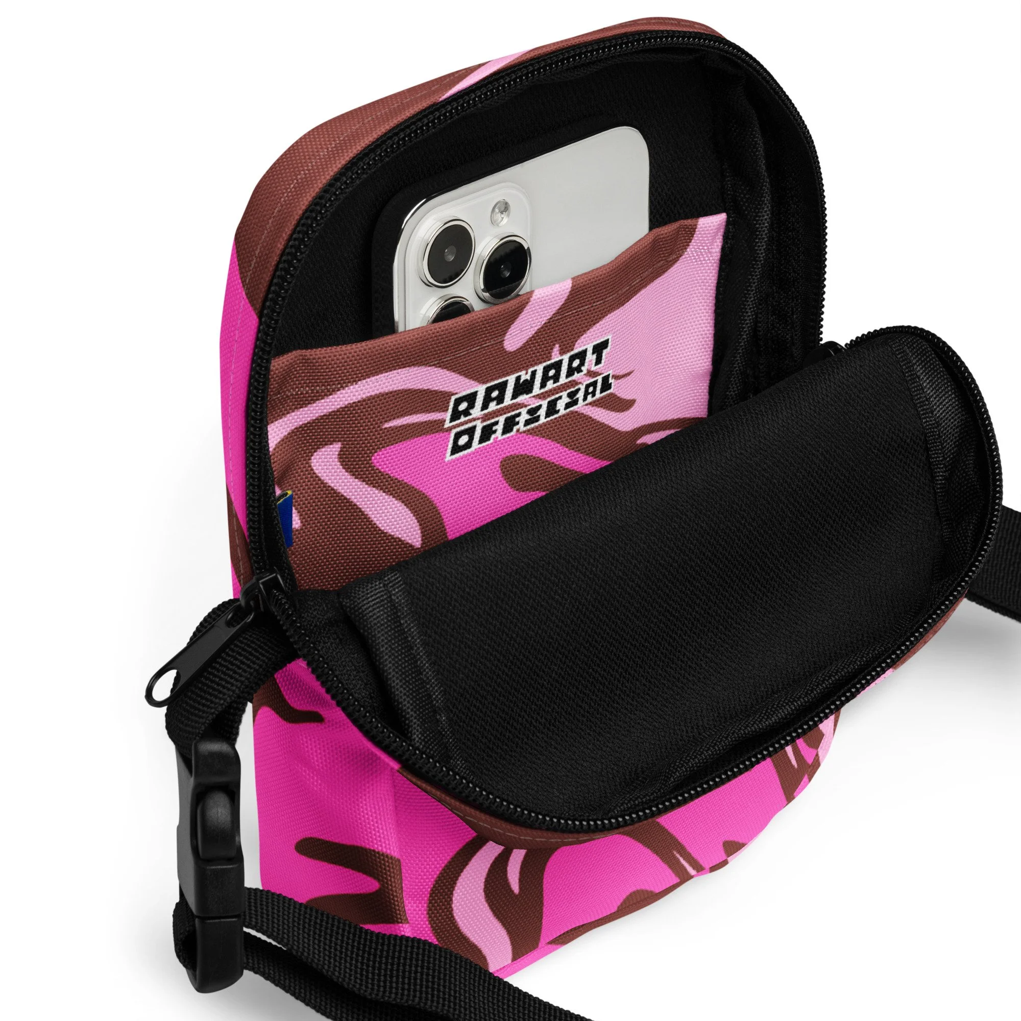 🍫💕 Chocolate Egg Swirl Utility Crossbody Bag | Y2K Pink & Brown Festival Satchel - POP ARTIST @RAWARTOFFICIAL