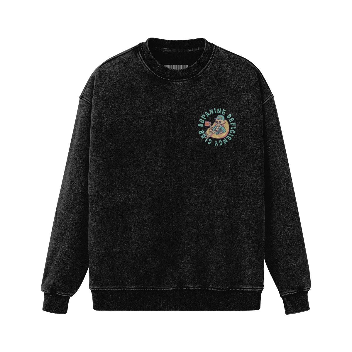 Black oversized sweatshirt with a pastel cartoon skeleton lounging in a beanbag. Reads “Bean Bagged & Brain Lagged.” Streetwear crewneck by RAW ART Official.