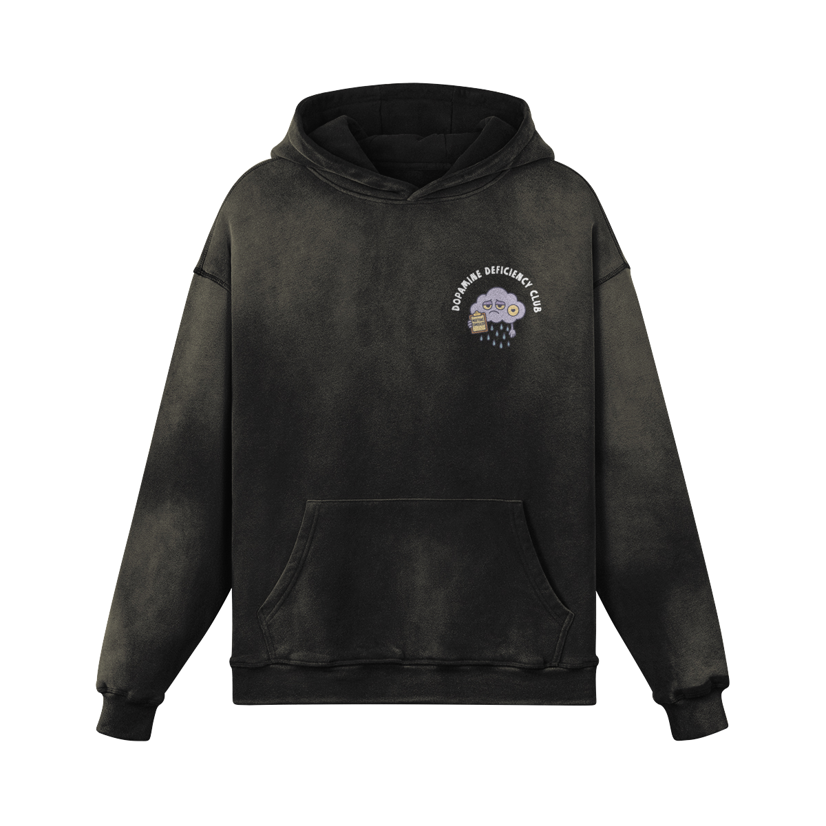 Faded black hoodie with sad cartoon cloud and "Dopamine Deficiency Club" text. Retro and oversized.