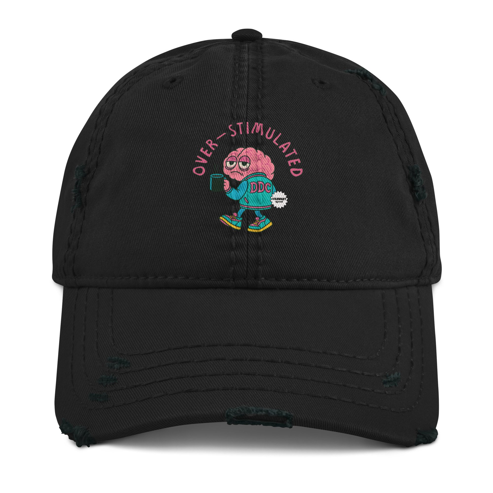 Distressed dad hat with embroidered cartoon brain holding coffee. Pink, teal, and slightly unhinged.