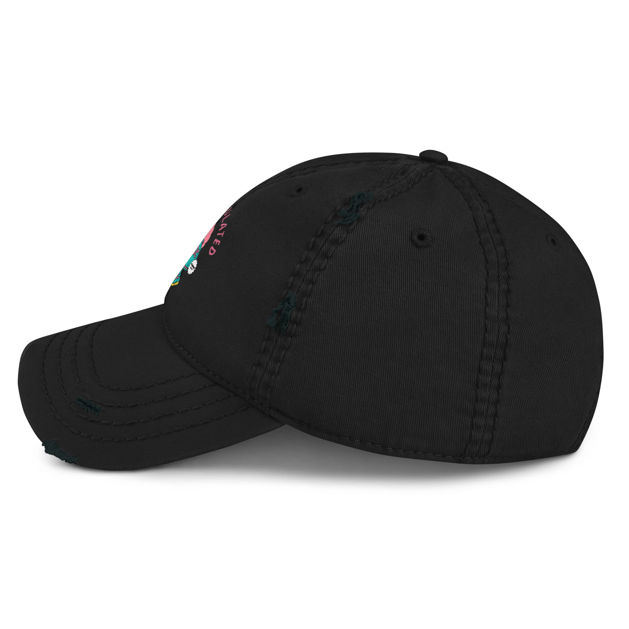 Distressed dad hat with embroidered cartoon brain holding coffee. Pink, teal, and slightly unhinged.