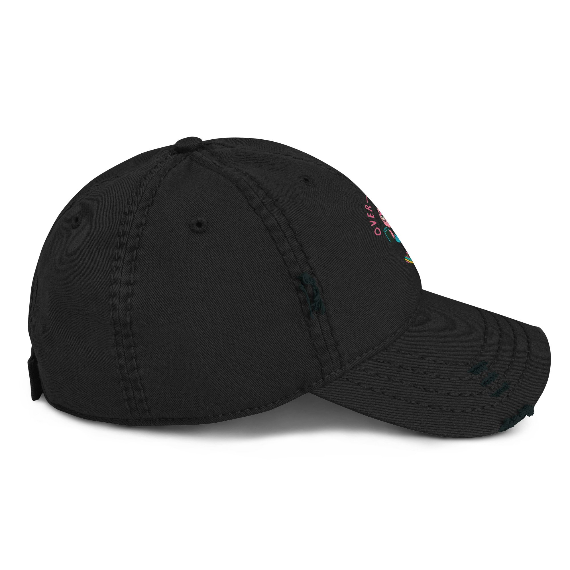 Distressed dad hat with embroidered cartoon brain holding coffee. Pink, teal, and slightly unhinged.
