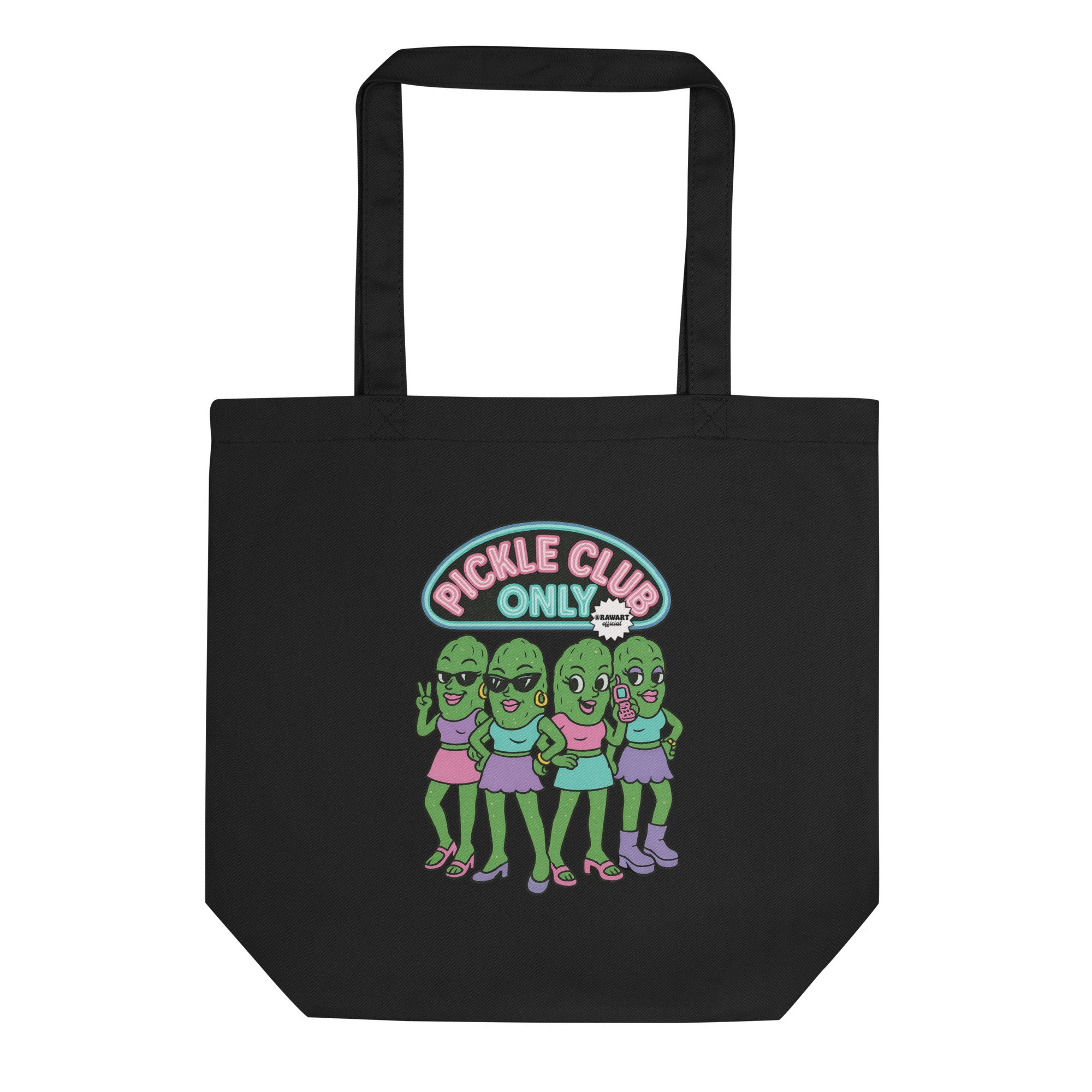 Black tote bag with “Pickle Club Only” and cartoon pickle girl group in colorful outfits.