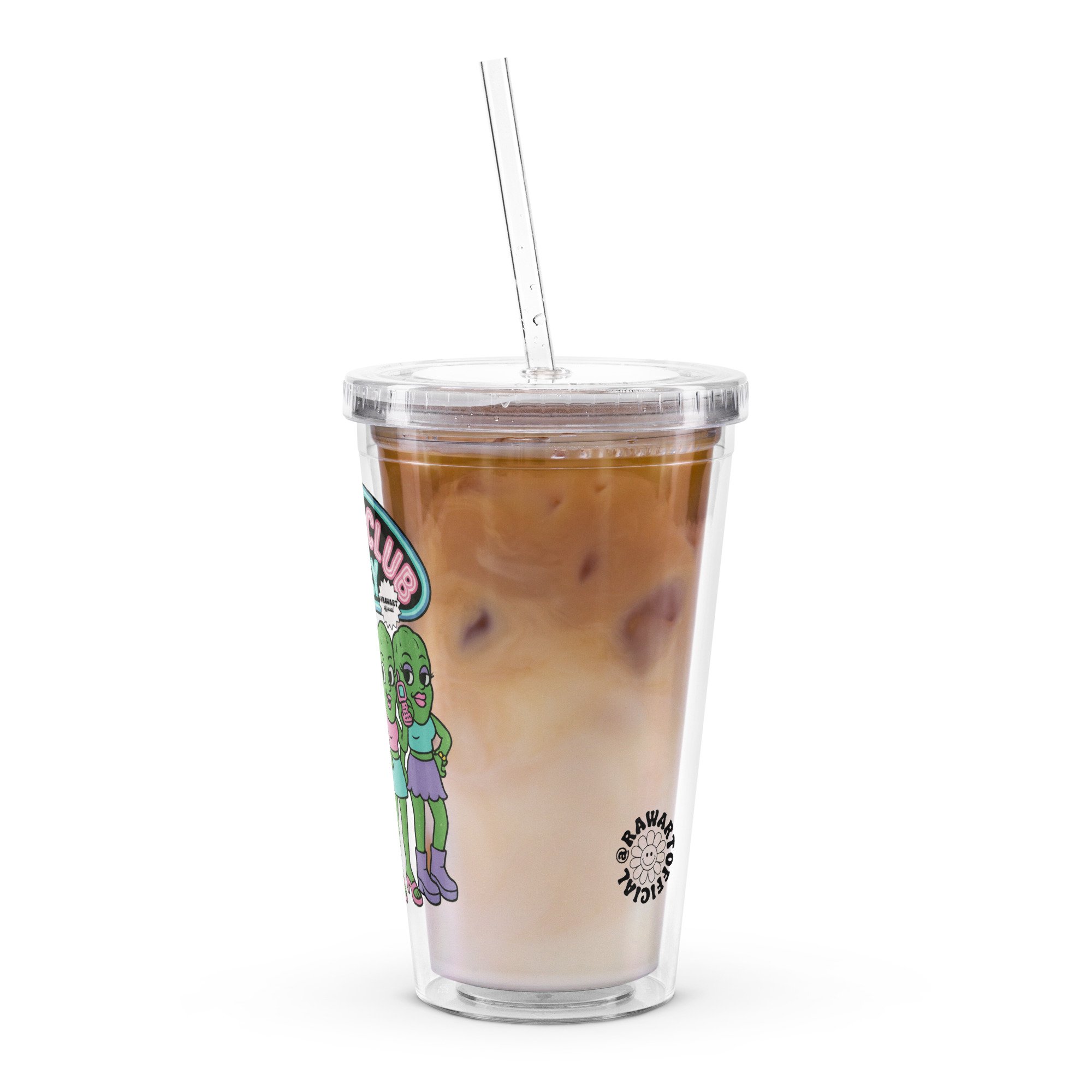 Clear acrylic tumbler with pastel “Pickle Club Only” logo and four cartoon pickle girls in cute outfits.