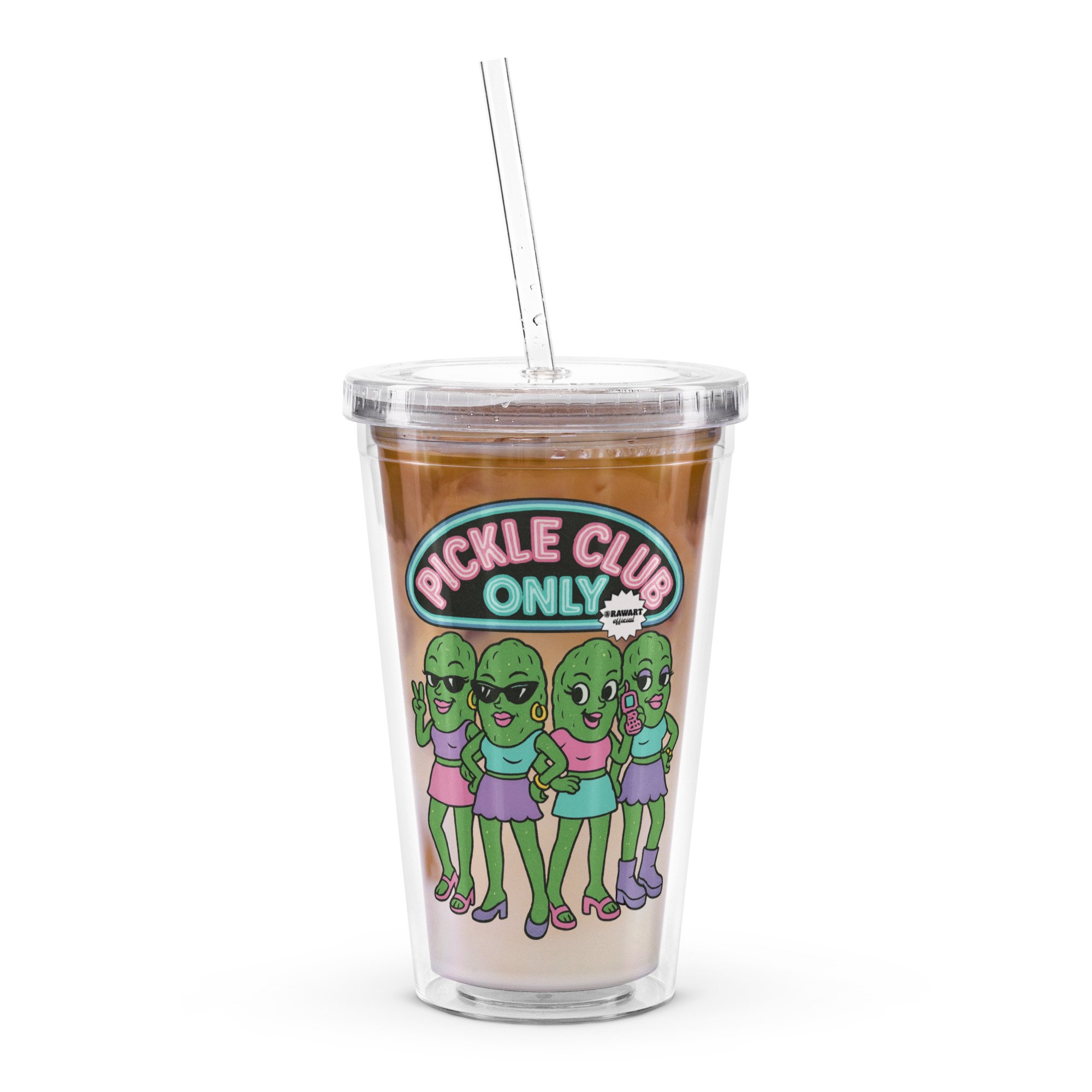 Clear acrylic tumbler with pastel “Pickle Club Only” logo and four cartoon pickle girls in cute outfits.
