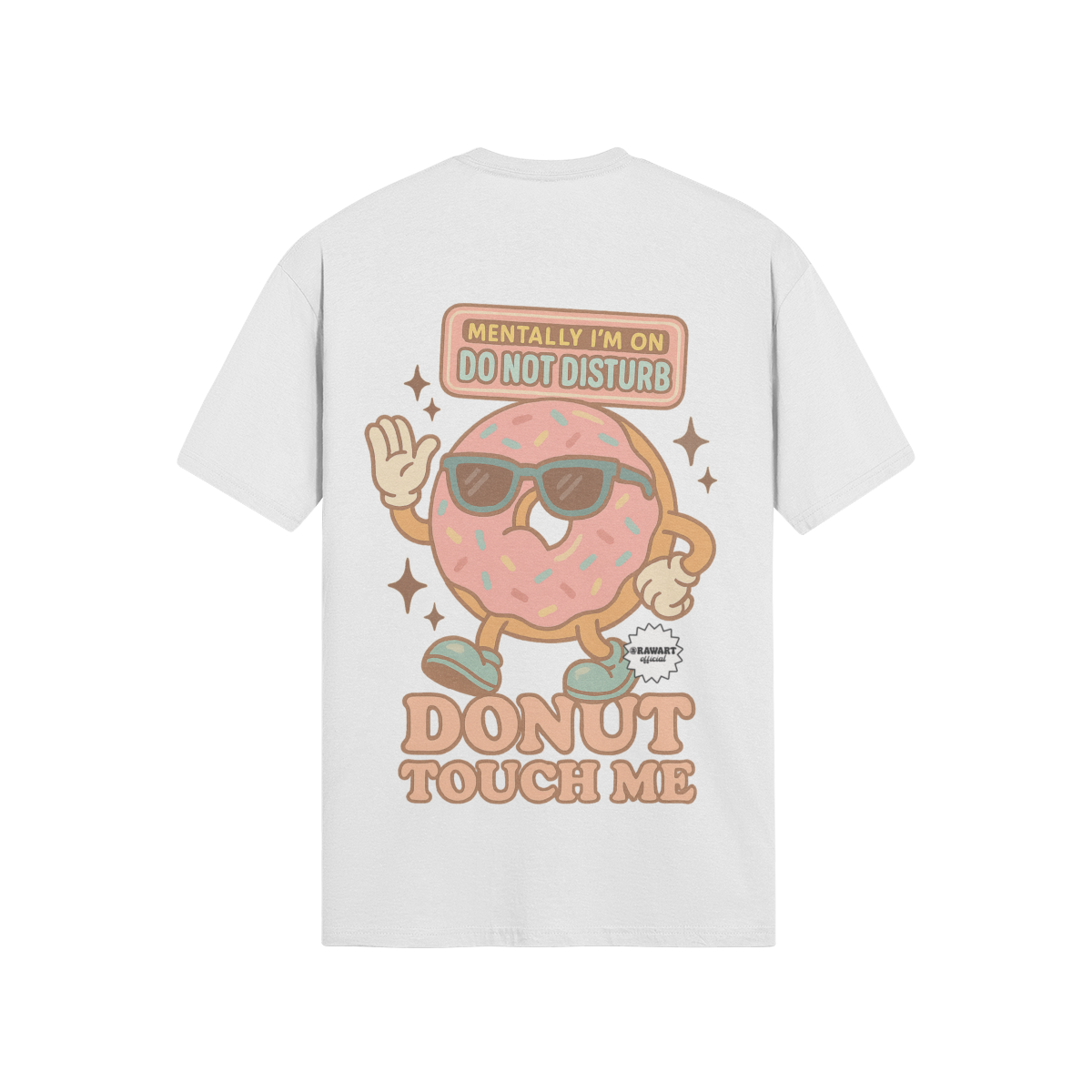 Black t-shirt with a pink frosted donut cartoon wearing sunglasses, waving under a sign that says “Do Not Disturb,” with the phrase “Donut Touch Me” below