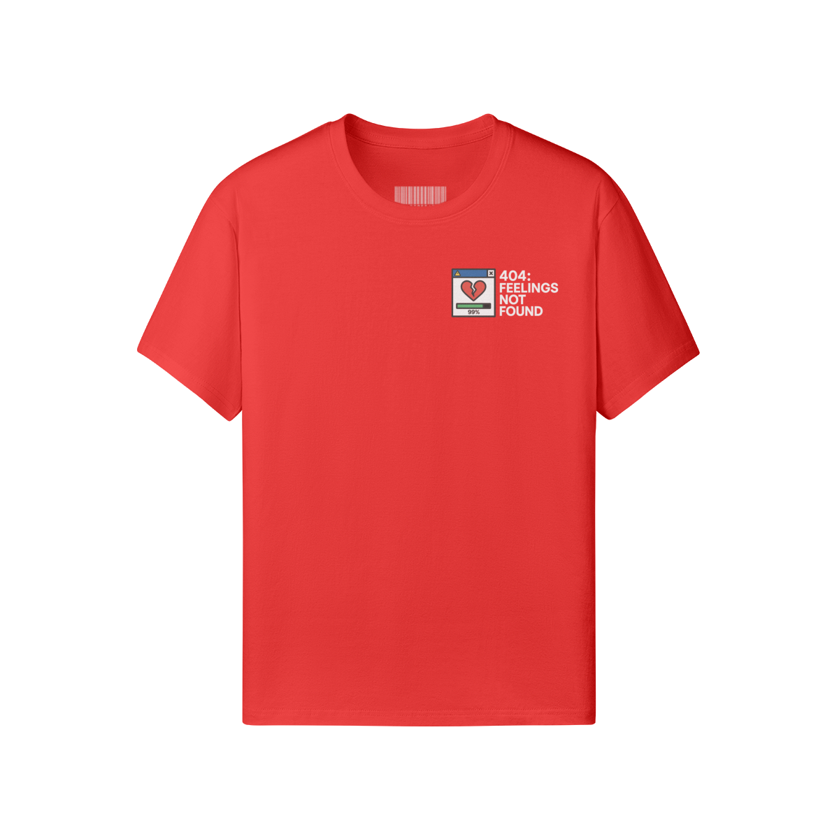 Red short sleeve t-shirt with pixel-style graphic showing a broken heart and “404: Feelings Not Found” text. Y2K error message design.
