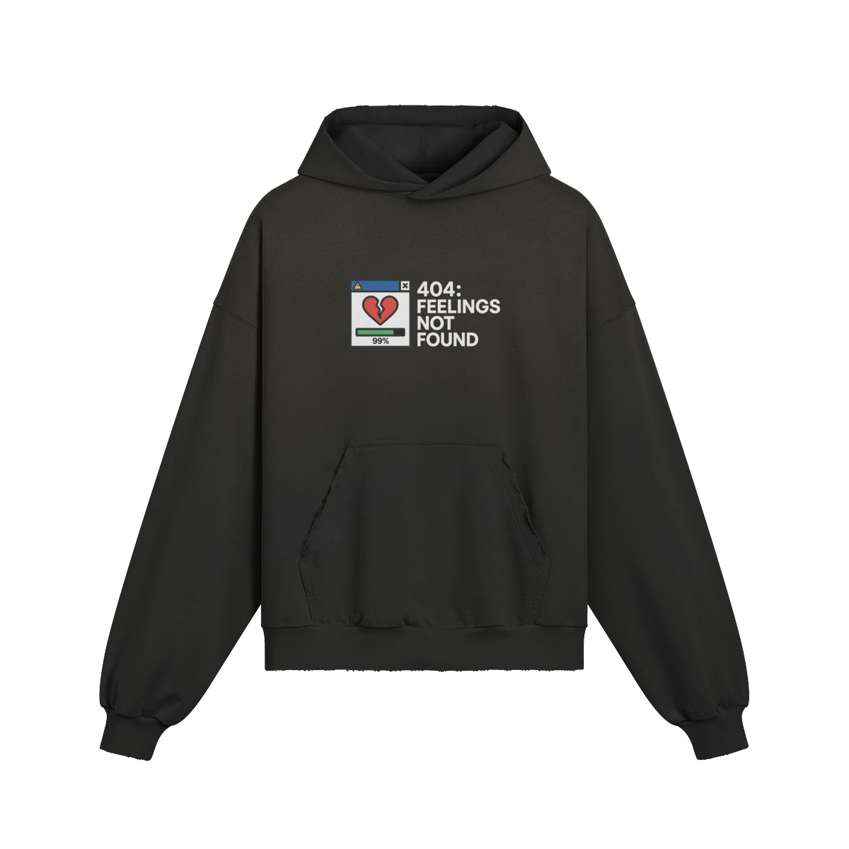 Black hoodie with pixelated broken heart and “404: Feelings Not Found” error message on the back. Boxy fit with distressed detailing and tech nostalgia vibe.