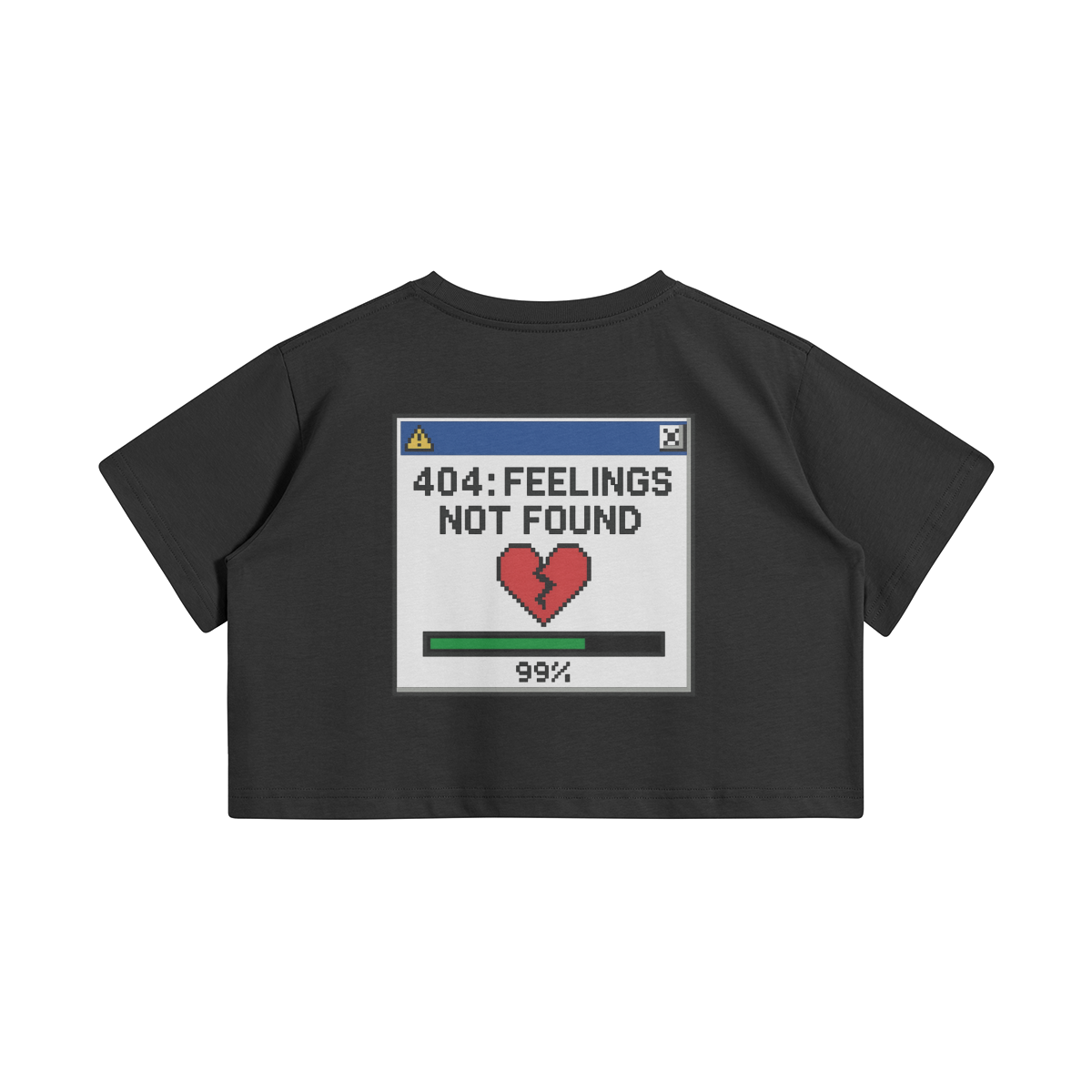 Black cotton crop top with pixel-style error window reading “404: Feelings Not Found” and a red broken heart. Y2K sad girl aesthetic.