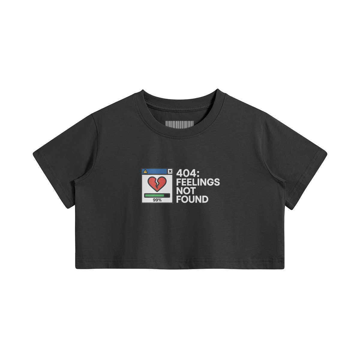 Black cotton crop top with pixel-style error window reading “404: Feelings Not Found” and a red broken heart. Y2K sad girl aesthetic.